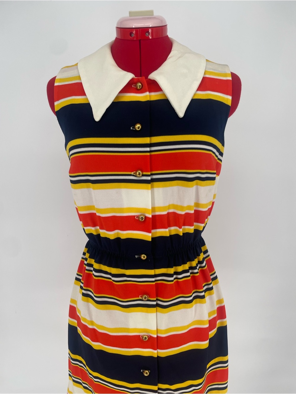 60s 70s Striped Vibrant / Primary Colors Sleeveless Collared Shirt Dress - Picture 3 of 16